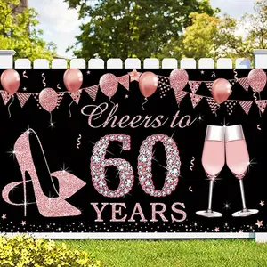 Rose Gold 60th Birthday Photo Booth Backdrop Banner Decor, 1pc Multi-Size Festive Party Supplies for Women, Large 60-Year-Old Cheers Sign Gift with Room & Household Items Decor
