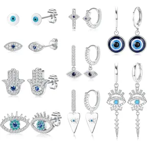 9 Pairs Evil Eye Earrings for Women, Silver & Gold Plated Evil Eye Huggie Hoop & Stud Earrings Set, Dainty White & Blue Cubic Zirconia Evil Eye Jewelry for Women & Girls,summerwins