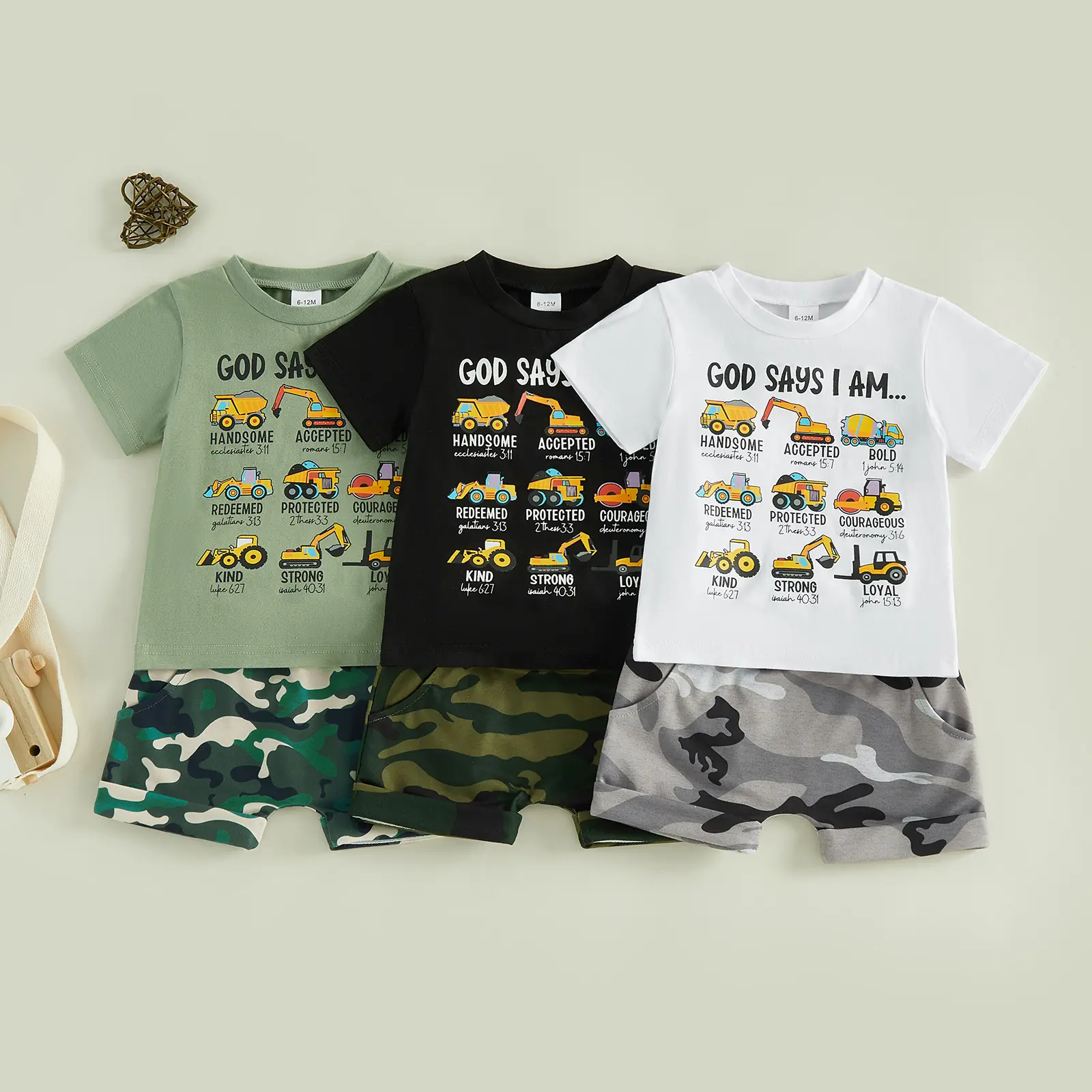 Canrulo Toddler Baby Boy Summer Outfits God Says I Am Handsome Truck Tractor T-Shirt Tops Camouflage Shorts Infant Clothes