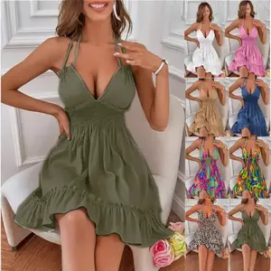 Women's Floral Sundress for Spring Summer Beach Leisure Deep V String Sling Straps Ruffled Hem Backless Wrap Design Sizes S-76 to XL-79