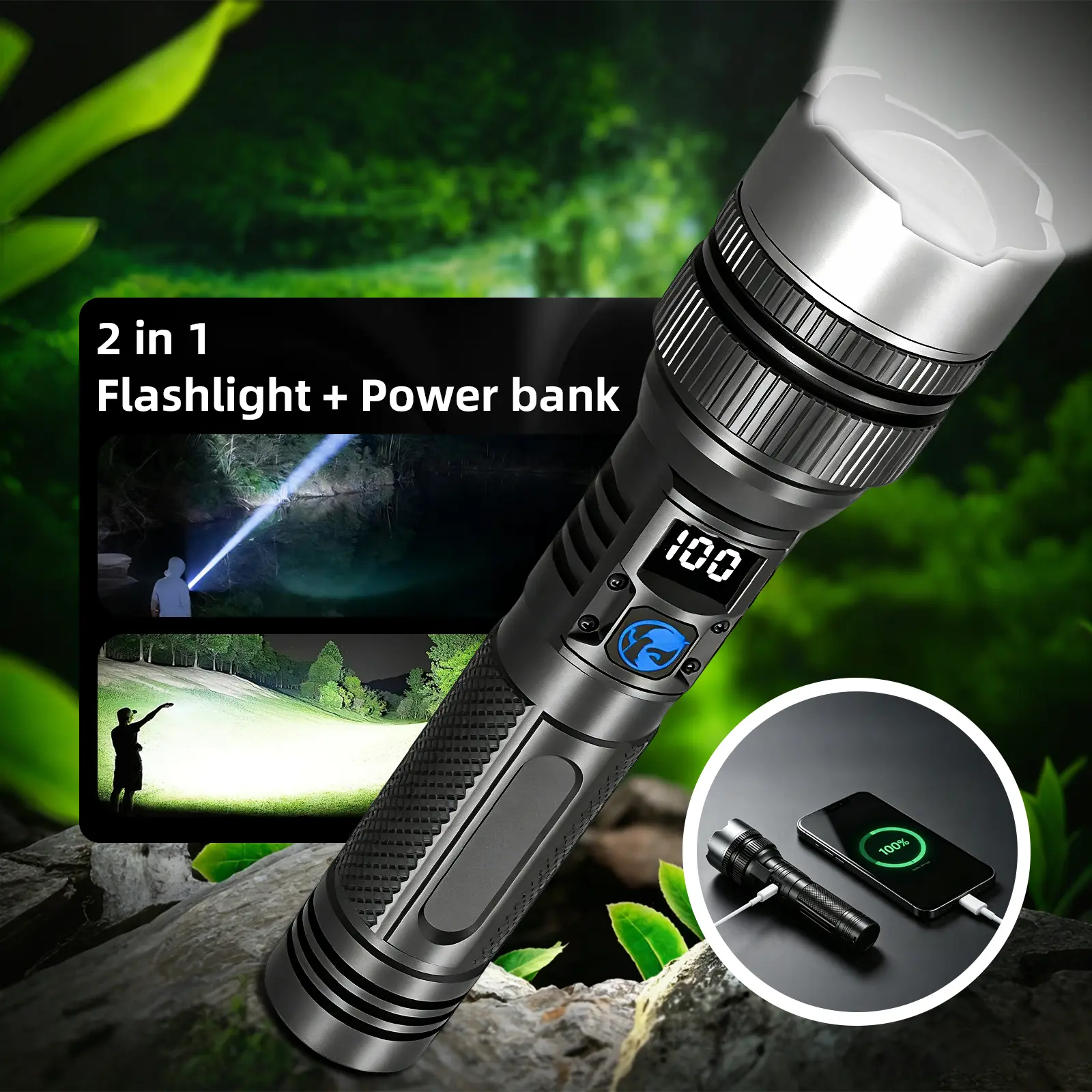 2pcs 2-in-1 Strong Flashlight (Power Bank)，Digital display of power, Rechargeable，Zoomable, , X4Waterproof, Adjustable Brightness Flash Light for Outdoor, Emergency, Camping Accessories，Black tiktokshopsummersale