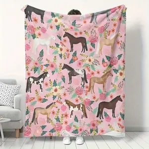 Cozy Pink Horse Flannel Blanket With Floral Accents – Horse-Themed Comfort Throw, Perfect Gift For Daughters, Ideal For Christmas Or Birthday Present, Daughter Gift | Floral Horse Pattern | Soft Texture, Horse Decor