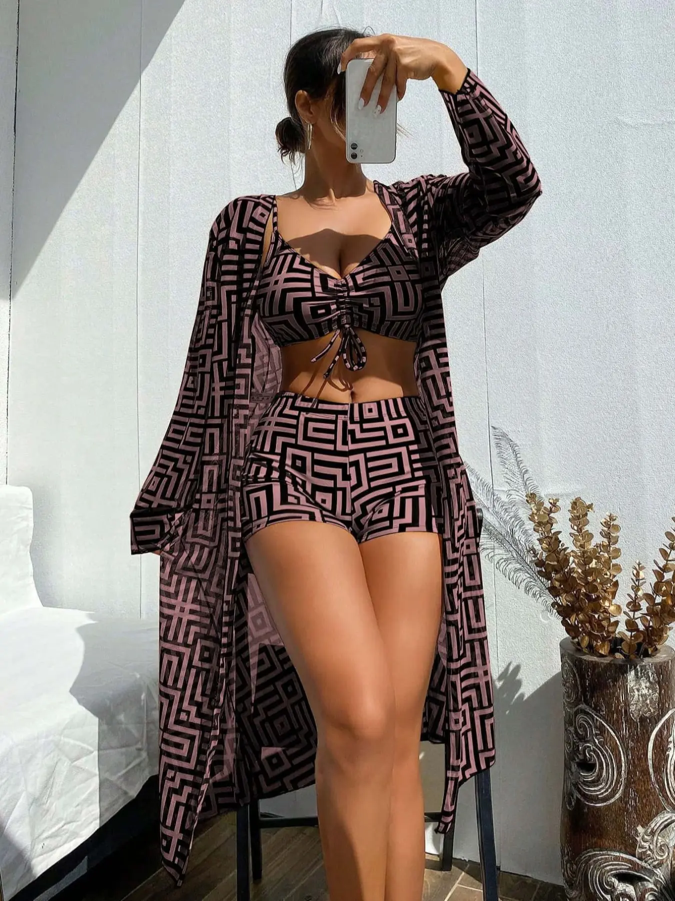 Three-Piece Set Women's Geometric Print Drawstring Swimsuit Set, Bikini Sets, Ruched Swimsuit Set, Ladies Swimwear for All Seasons, Bikini Beach Wear, Drawstring Bathing Suit, Swimsuits Set