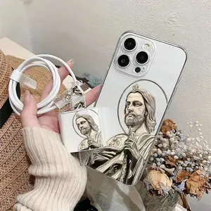 Jesus Christ Pattern Phone Case with Charger Saver & Cable Protector & Storage Rope, Anti-drop Phone Protective Cover, Phone Accessories for iPhone, Smartphone Casing, Protection, Shockproof TPU Cover