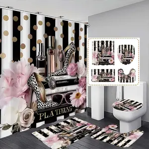 Striped Leopard Print High Heel Decorative Shower Curtain with 12 Hooks, Modern Bathroom Decor, Gift for Friends and Family, Decoration