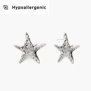 en route Silver Starfish Stud Earrings, Minimalist Textured Silver Design, Chic Summer Accessory for Layering with Chunky Necklaces on Vacation