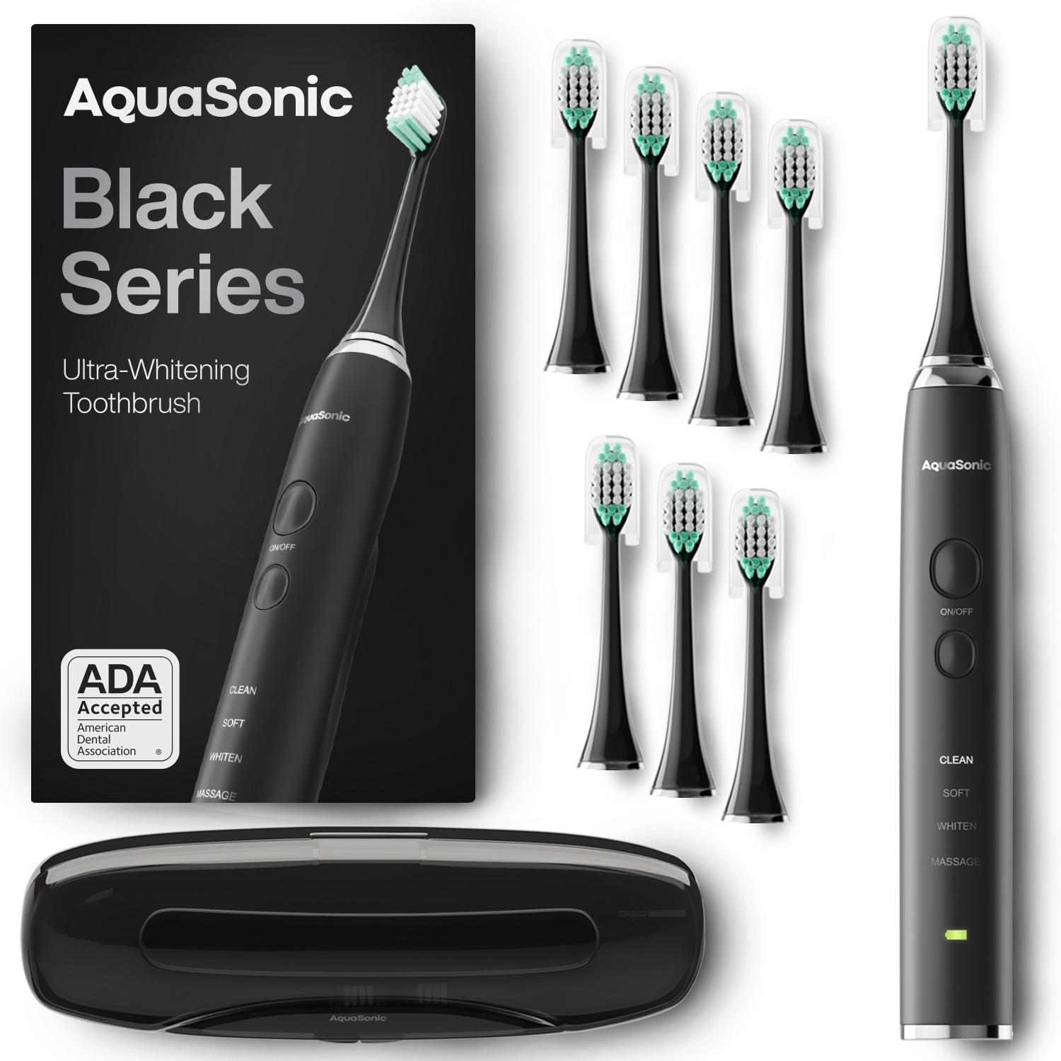 Black Series Sonic Whitening Toothbrush with 8 Brush Heads and Smart Vibration Timers - Handle, Waterproof toothbrush Rechargeable Electric | AquaSonic