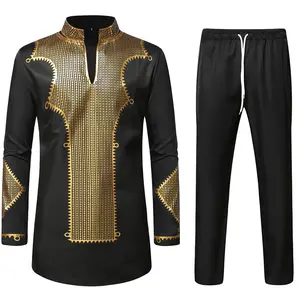 ZEROYAA Men's Africa Suit Long Sleeve Bronzing Print Shirt and Pants Outfit Traditional 2 Piece Set Clothes Cotton sets for men clothing men's 2 piece set Menswear Classic summer outfits men