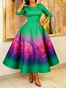 Women's Summer Fashion Elegant Chic Gradient Long Dress, Slim-Fitting Half Sleeve Print Dress, Perfect for Parties and Events