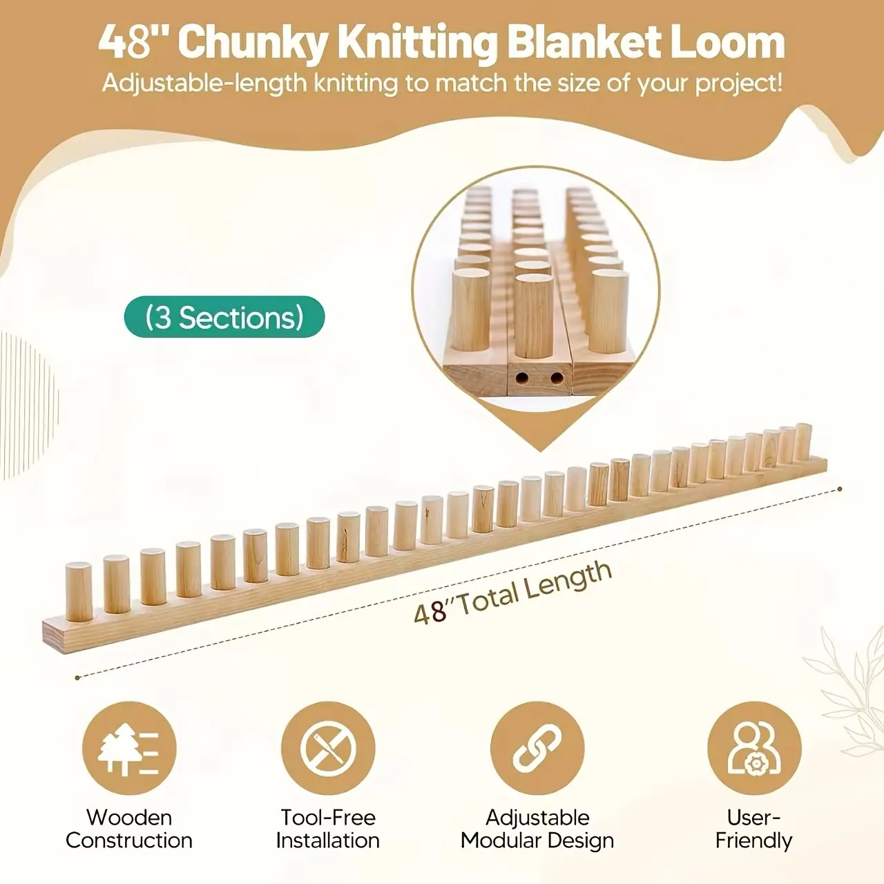 48'' Total Length Natural Pegged Loom Knitting Machine for Beginners - 3 Sections, Adjustable Height-Width, Smooth Rounded Pegs, All-in-1 Kit for Chunky Yarn Crafting (Blankets, Holiday Handmade Projects)