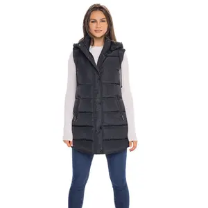 Women's Plus Long Puffer Vest with Hood - S.E.B. By SEBBY Black 3X