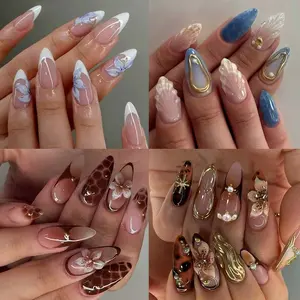 96pcs Medium Long Almond Press-On Nails, Glossy Finish, 3D Gel Petals, Pearl Design, Cross, Star, Leopard Print, for Women and Girls