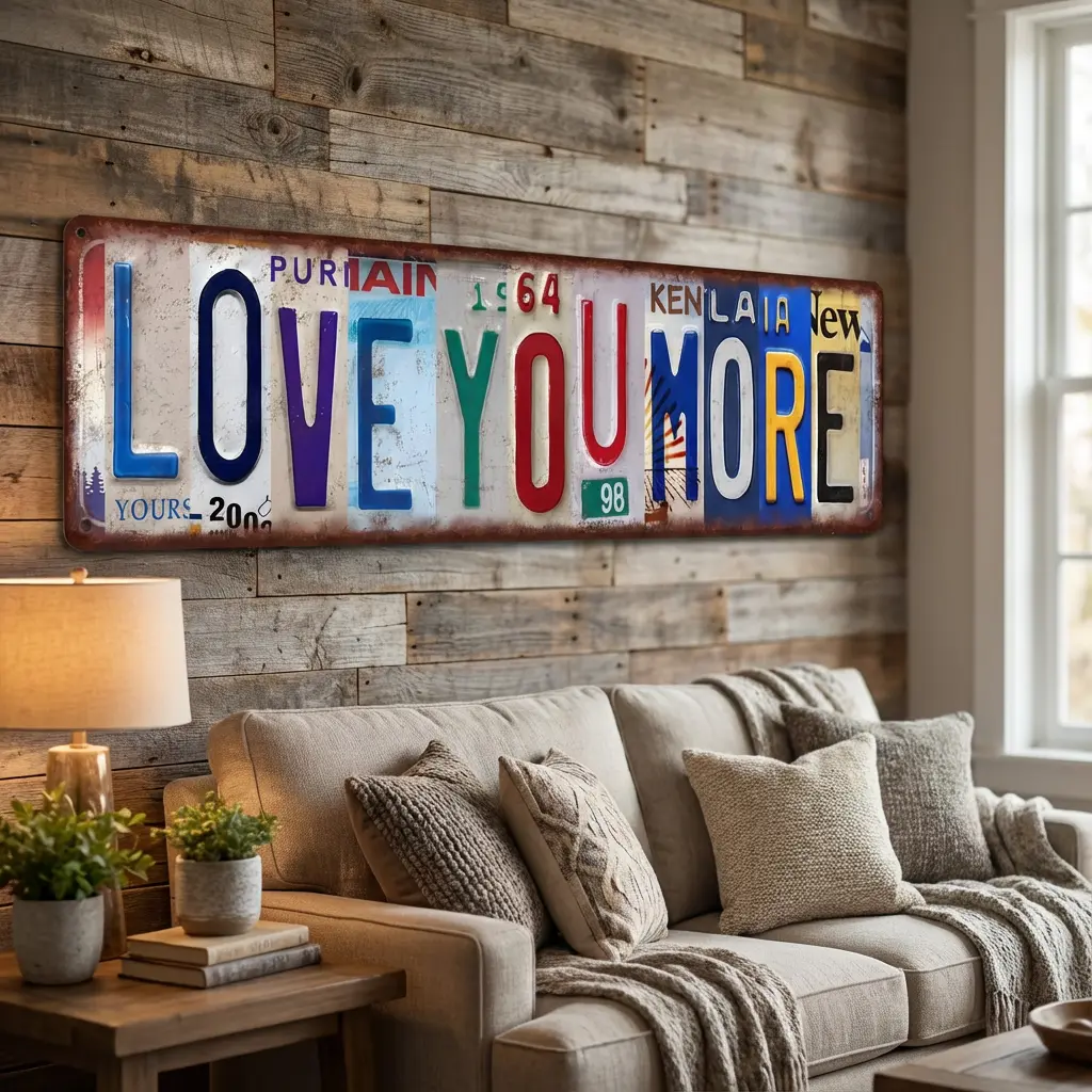 Industrial "Love You More" & "Love You Bye" Rustic Metal Signs - Vintage License Plate Style Wall Art, Waterproof Home Decor Items, Distressed Farmhouse Plaques, Cute Family Quote Gift for Anniversary Entryway