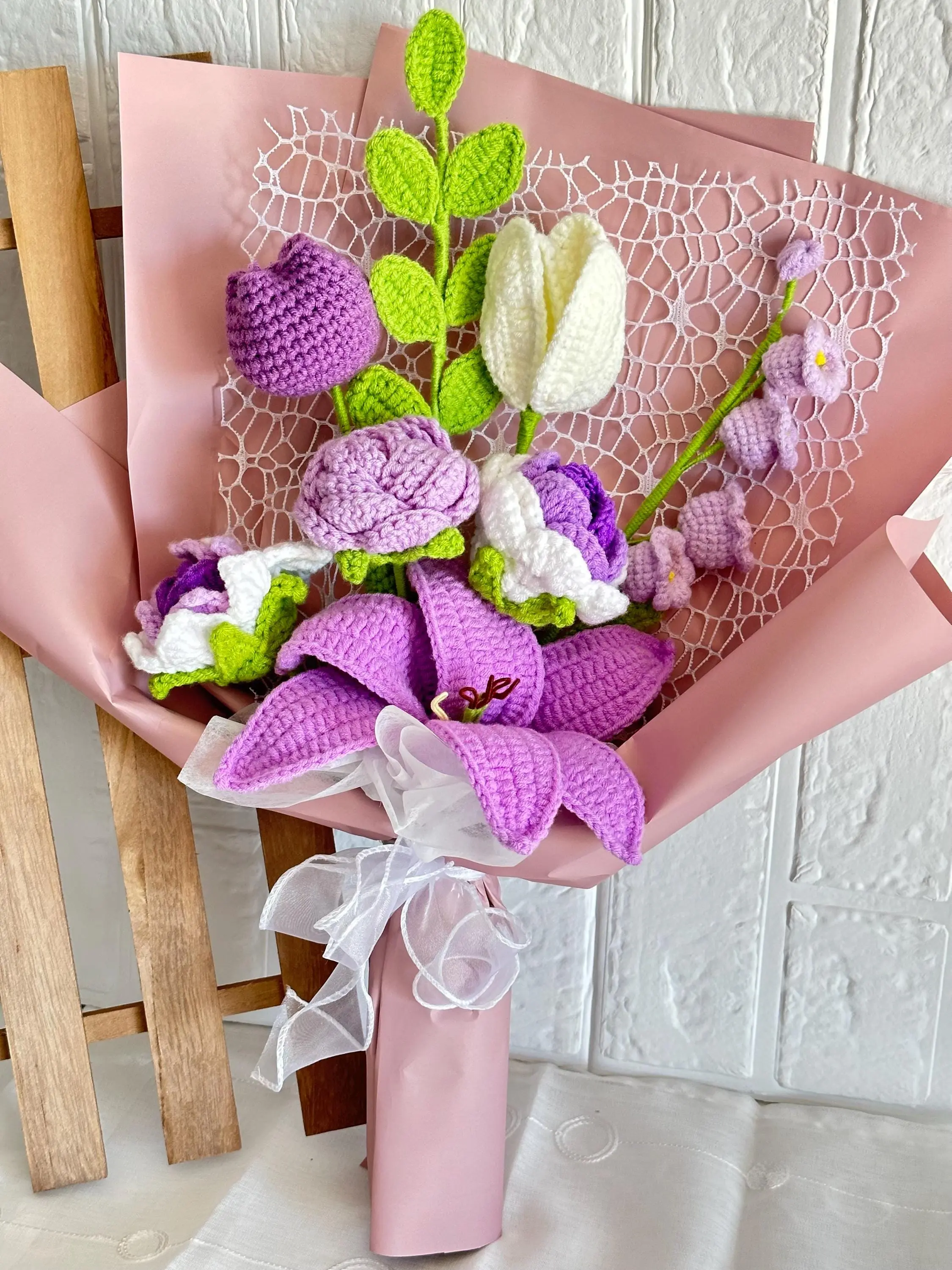 Crocheted flowers,Bouquet of handmade rose , lily ,tulip, lily of valley, leaves, Valentine's Day, mother's day, Graduate,Finished product