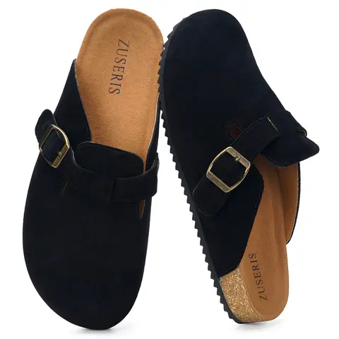 zuseris Men's Soft Footwear - Suede Clogs with Adjustable Buckle, Cork Cushioned Footbed, Women's Leather Mules Shoes