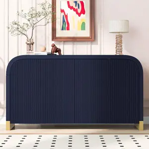 Bellemave Modern Kitchen Cabinet - 4-Door Pinstripe Black Furniture Sideboard, Designer-Inspired Dual Storage Unit with Metal Handles, Metal Legs, Load-Bearing Adjustable Shelves, Indoor Apartment Bedroom Organizer (Assembly Required), Modern Kitchen Cabi