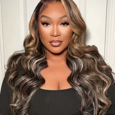 Arabella 180% 13x6 Glueless Honey Blonde Highlighted Balayage Frontal Lace Wig Dark Roots Loose Body Wave 100% Human Hair Beginner-friendly, 20-30 Inches Mixd with 613# at Back