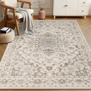 Vintage Distressed Area Rugs Living Room Rug Washable Floral Rug No Slip Stain Resistant Soft Carpet Indoor Large Carpets for Bedroom Dining Room Farmhouse Nursery Hallway Home Office Brown Beige