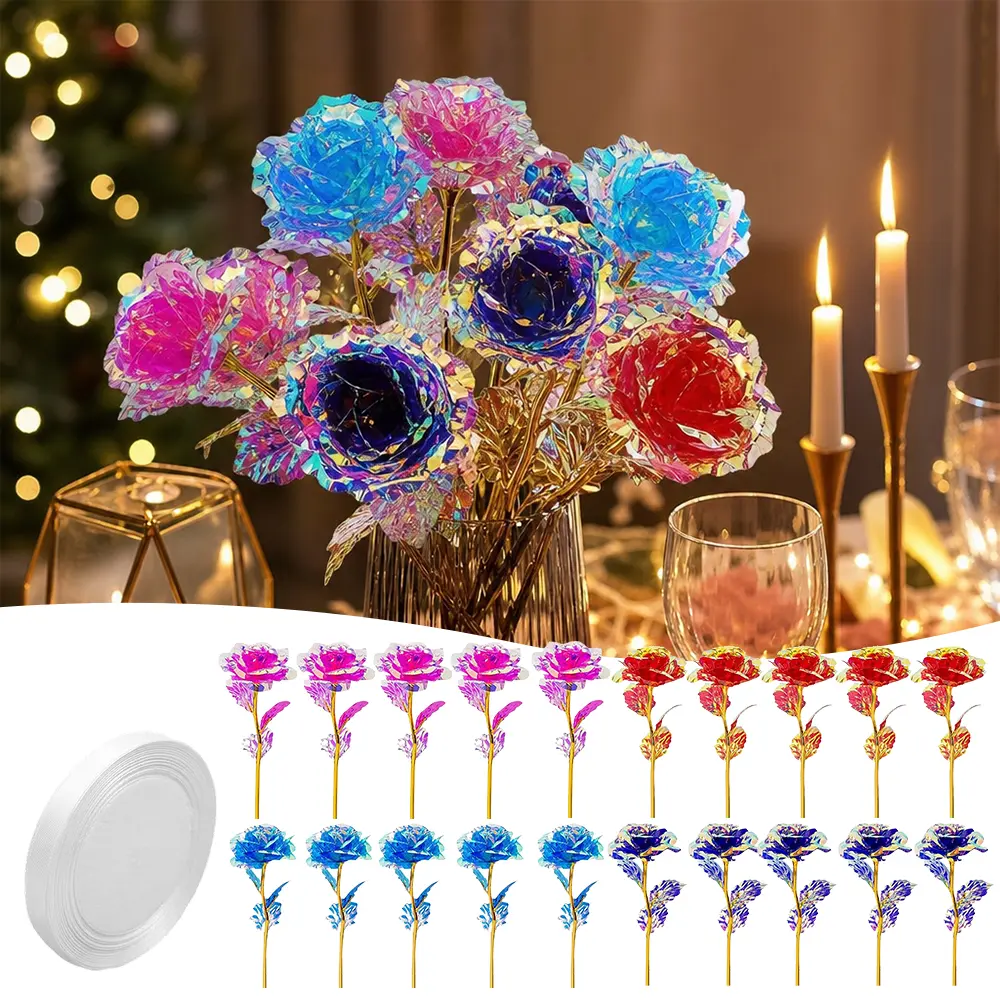 20-Pack Galaxy Colors Plastic Forever Roses Artificial Flowers - 9.45x3.15in, 22m Ribbon Roll, Kitchen Decor Ornaments, Ideal Gifts for Mother’s Day, Valentine’s Day, Christmas, Thanksgiving, Wedding (For Grandma)