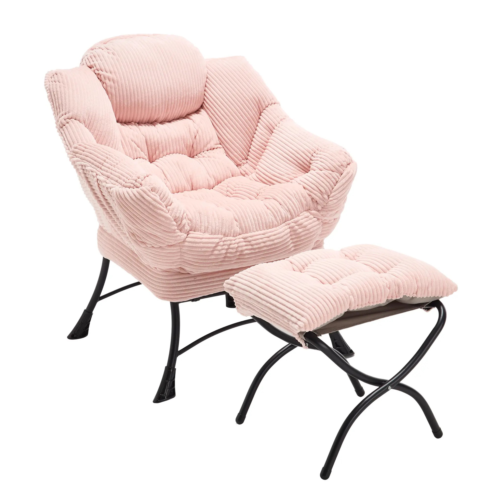 Modern Unisex Armchair and Ottoman Set - Compact Ergonomic Reading Lazy Chair with Steel Frame, PP Cotton, Fixed Curved Back, Armrests, Side Pocket, Non-Slip Foot Covers, Powder Spray Coating for Small Living Spaces (Indoor Leisure Equipment)