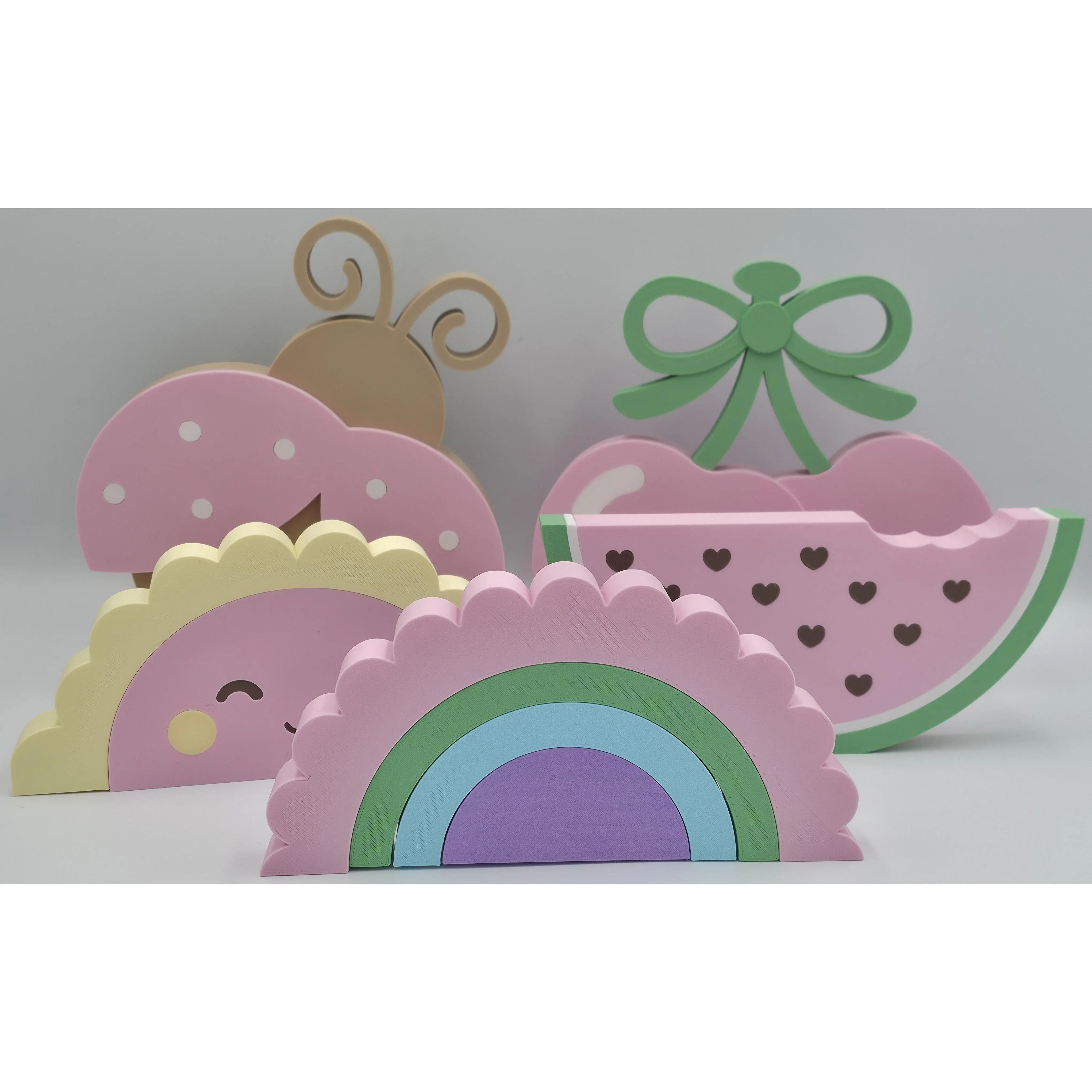 5-Piece Minimalist Pastel Cloud 3D Printed Plastic Nursery Ornaments Set - Lightweight Smooth Watermelon Themed Figurines, Mountable Room Decor for Dressers/Windows, Baby Girl Nursery Decor Gift for Gender Reveals, First Birthday, Childrens Day, Five Piec