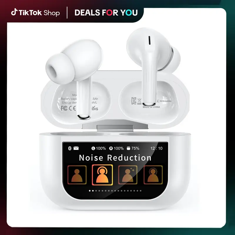 Wireless Noise Cancellation Earbuds, In-Ear Headphones with Full Color Display, Bluetooth Call Earbud-Style Headphones Compatible with iPhone & Android (White Audio Electronic Accessory)