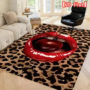 2D flat bestseller red lips with cherries, leopard print background, Animal Print Rug. Machine washable indoor/outdoor soft and comfortable mat, suitable for living room, bedroom, corridor, Home Decor Rugs, Soft Area Rug