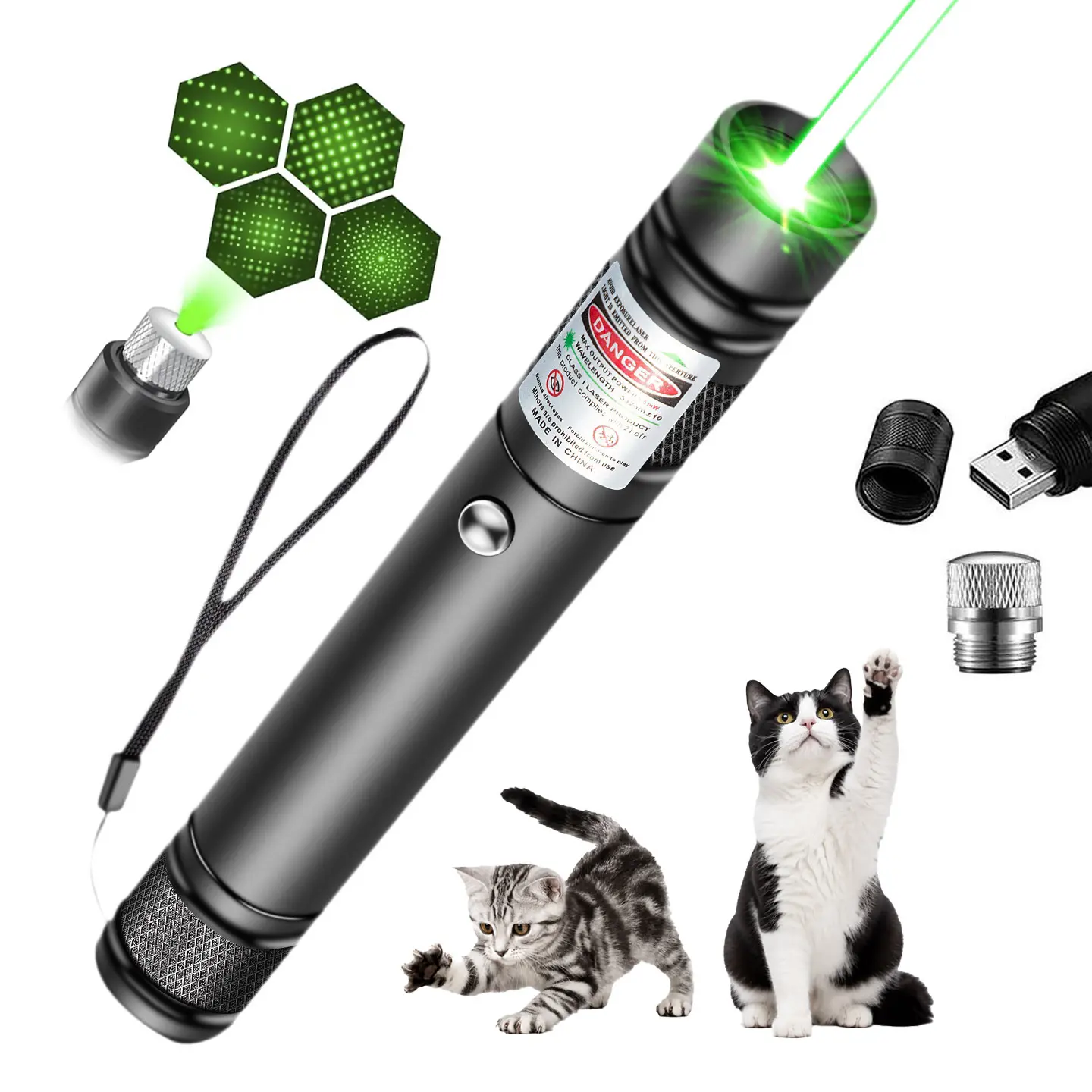 【weeklydeals】 USB Rechargeable Green Laser Pointer with Removable Kaleidoscope Star Cap, Adjustable Focus Long Range Handheld Laser Pen, Safe Laser Toy for Pet Exercise Outdoor Presentation Camping Use