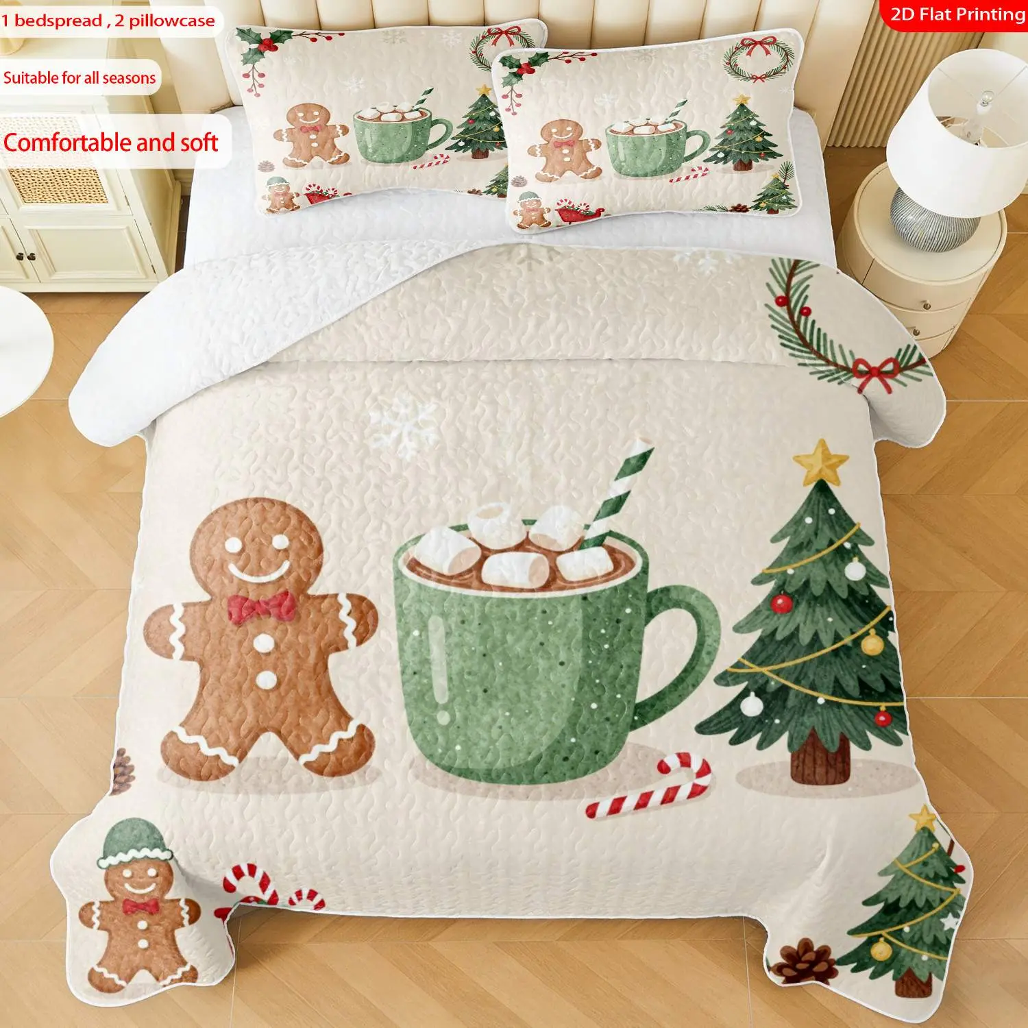 3pcs, 2D flat print Watercolor Christmas Pattern Bedspread Set with Gingerbread Man & Hot Cocoa Design, multiple sizes available, bedding set, festive decorative bedding, ideal for bedroom décor(1 bedspread , 2 pillowcase)