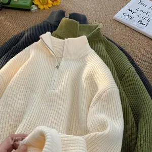 Men's Half Zip Sweater Thickened Knit Pullover Retro Solid Color Fall Winter Sweatshirt Comfortable Cozy Casual Top Warm Fashion Crewneck Beige Long Sleeve