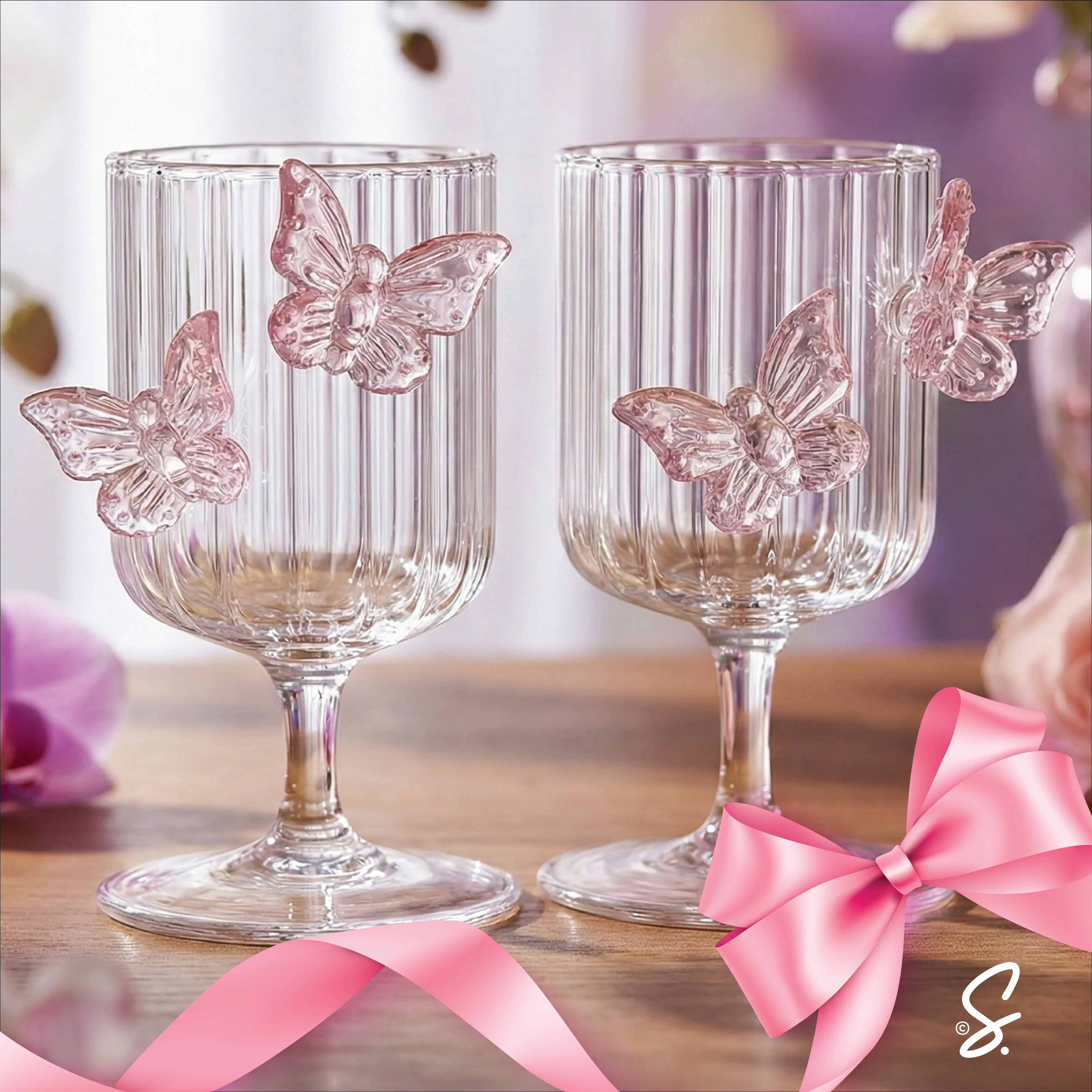 Butterfly Wine Glass Goblet Set (2-Piece) | Cottagecore, Boho Brunch, Fairy Champagne Glassware | Wedding Toasting, Aesthetic Hosting Garden Party Drinkware