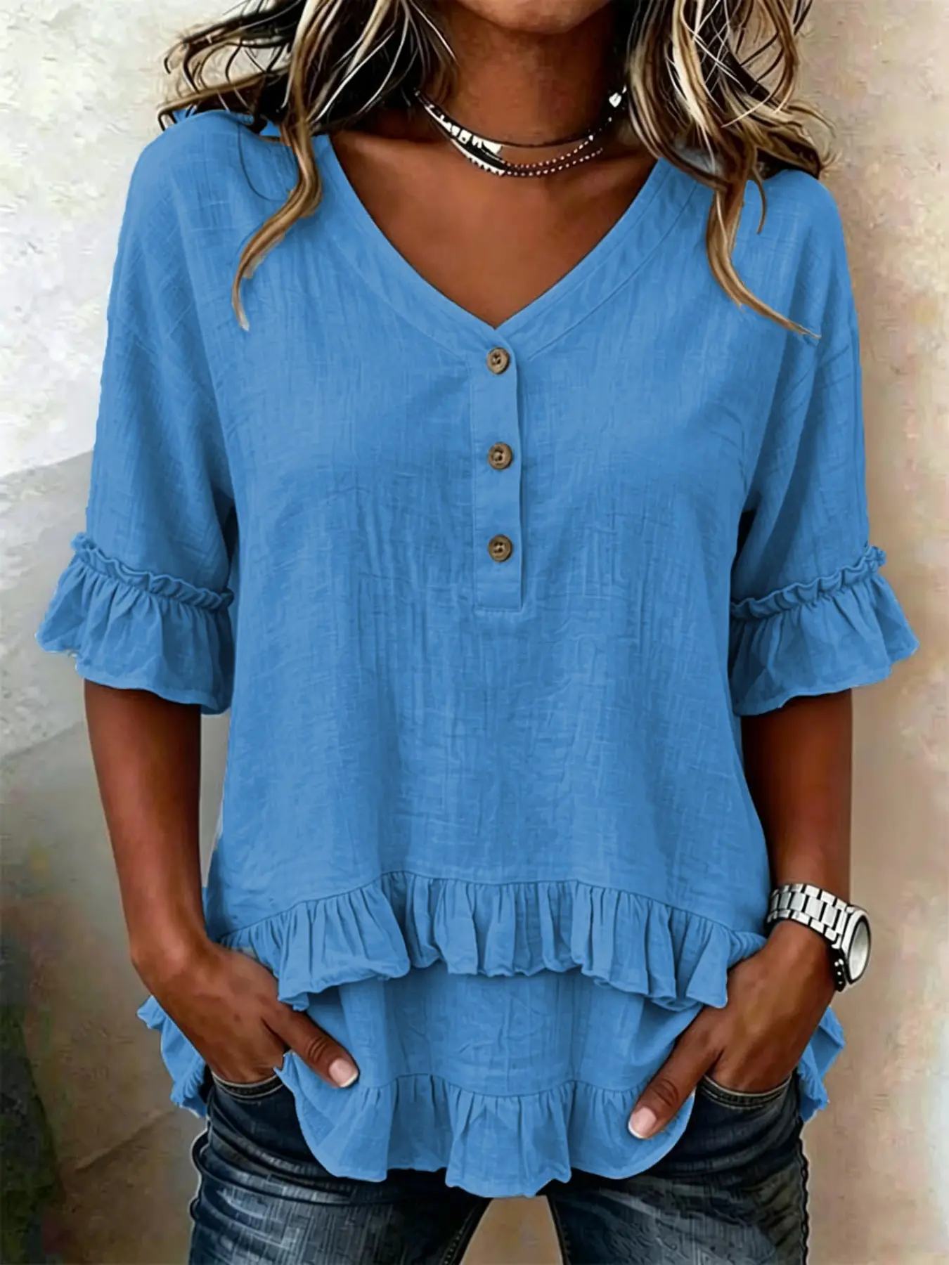 V Neck Ruffle Hem Loose Fit Short Sleeve Ruffled Shirt Top, Chic Casual Classy Elegant Summer Fashion, Comfortable Daily Wear, Women's Blouse
