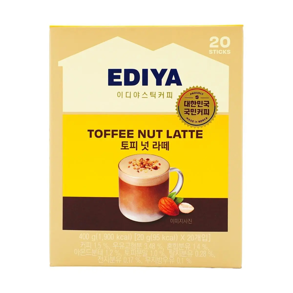EDIYA Toffee Nut Latte Instant Coffee 20ct 0.7oz - Korean Cafe Style, Quick Brew, Sweet & Nutty