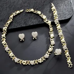4pcs Set Of Fashionable Luxury Heart-shaped Design Necklace Bracelet Earring Ring Jewelry Set Set Inlaid With Shiny Synthetic Zirconia Women Romantic Engagement Wedding Jewelry Gift