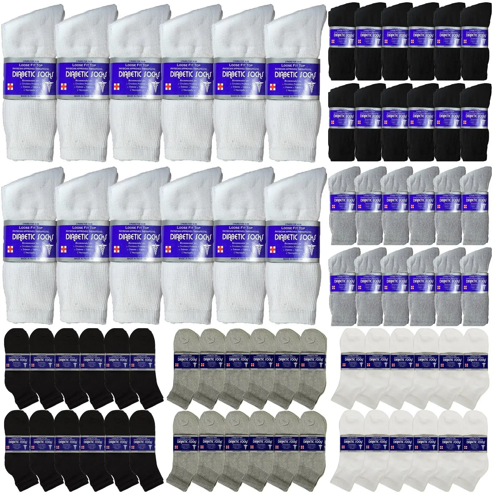 America's Best Diabetic Socks 12 Pair Men's Loose Cotton Crew Ankle Circulatory Socks 10-13 Soft Elastic Casual Plain for Diabetes Edema Neuropathy - Menswear