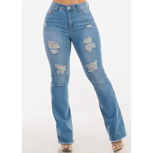 Stretchy High Waist Distressed Bootcut Jeans Light Blue