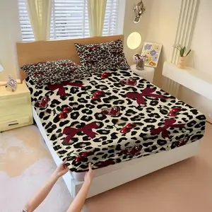 3Pcs Leopard Print Fitted Sheet Set, Bed Sheets Set, Fun Red Cherry & Heart Candy Design on Beige Background, Playful and Stylish Bedding, Bedding Supplies, Soft and Durable Fabric, Ideal for Trendy Bedroom MakeoverIncludes 2 Pillowcases, No Pillow Core