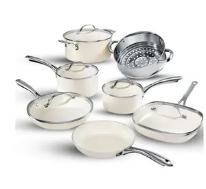 Gotham Steel 12 Piece Pots and Pans Nonstick Set Ceramic Cookware Kitchen Set, With Frying Skillet, Saucepan | Navy Cream