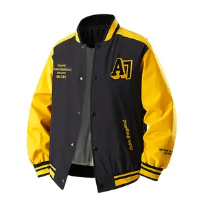 Men's Vintage College Baseball Jacket - Black & Yellow Colorblock, Button Closure, Windproof & Water Resistant, Embroidered "A7" Details, Bold Color Blocking, Street Style Casual Fit with Full Marks