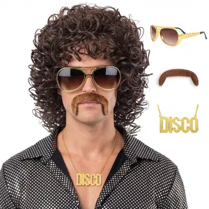 70s Wig for Men Funny Disco Hippie Wigs for Halloween Costume Party Short Brown Culry Wigs with Glasses Mustache Necklace (Brown)