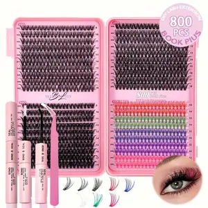 800pcs Multi Color False Eyelashes Set Makeup With Glue D Volume Thick Fluffy Press Self Adhesive Wear Cluster Lashes Cosmetic Halloween Holiday Gift