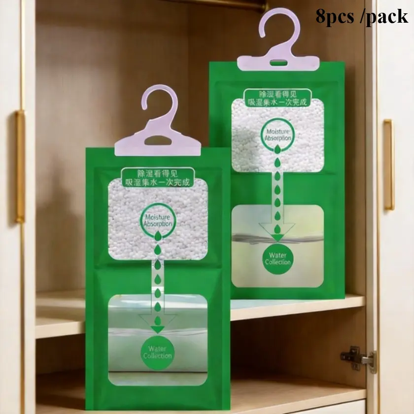 8-Pack Hangable Solid Moisture Absorber Dehumidifier Bags (100g/200g, Fragrance-Free) - Mold & Damp Prevention Desiccants for Closets, with Camphor Blocks, Wooden Incense Holder, Lavender/Lemon Wood Hotel Diffuser Oil