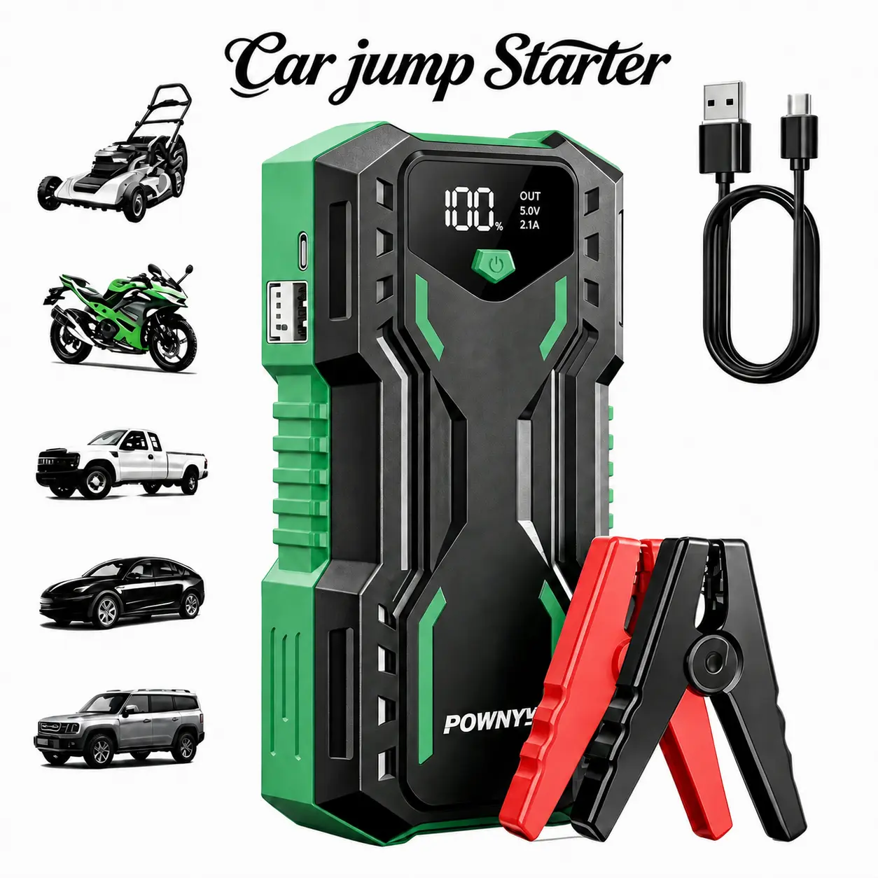 POWNYM 6000A current peak Battery Jump Starter, 6000mAh Battery Charger with Power Management IC Power Indicator Built-in LCD Display Automotive Battery, 3 modes LED light