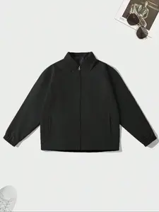 Men's Solid Color Zip Up Jacket, Zippered Jacket, Regular Fit Casual Long Sleeve Collar Outerwear for Spring & Fall, Coats, Men's Clothes for Daily Wear