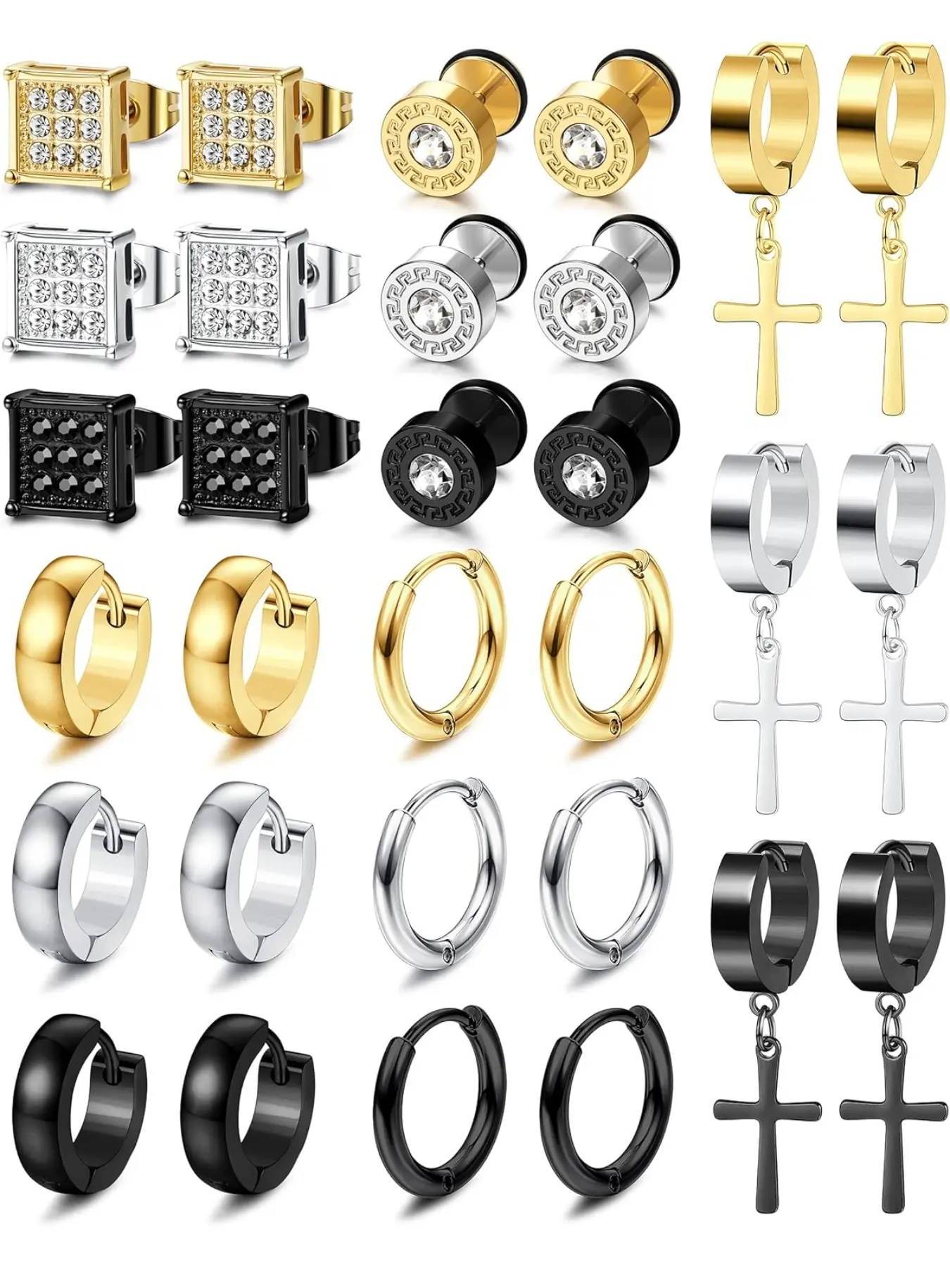 15Pairs Mens Earrings, Earring Pack, Stainless Steel Silver Stud, Black Hoop, Gold Cross Dangle Hoop, Cartilage Zirconia Earrings, Piercing Earrings for Men Women, Earcuffs, Good Earrings