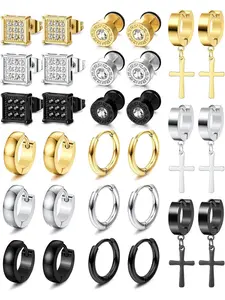 15Pairs Mens Earrings Stainless Steel Silver Stud Earrings Set Studded Cross Earrings Black Hoop Earrings Gold Cross Dangle Hoop Earrings Cartilage Zirconia Earrings Fashion Piercing Earrings for Men Women