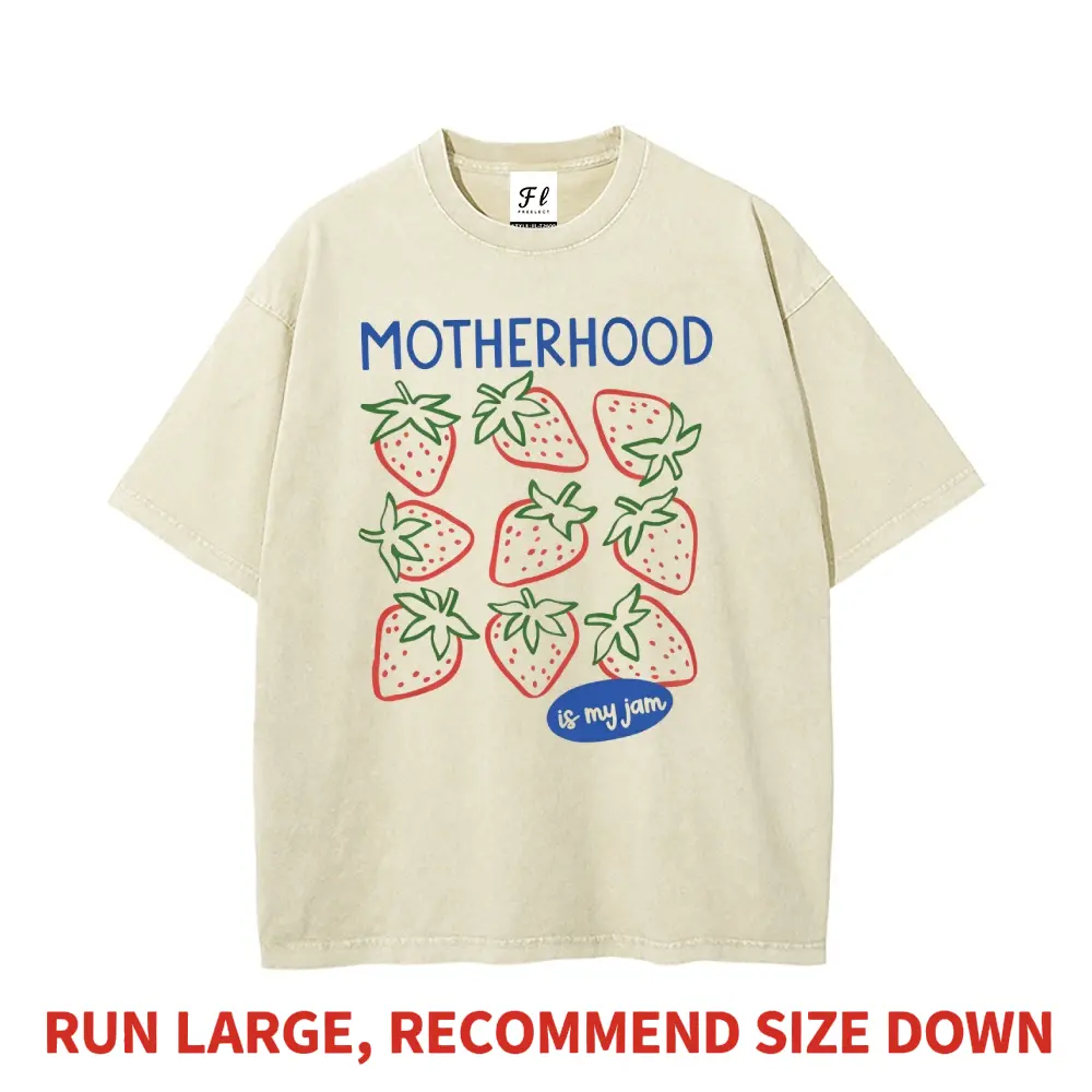 Women's Casual Short-Sleeve Modest "Motherhood Is My Jam" Strawberry Pun Mom Life Graphic T-Shirt - Heavyweight Boxy Fit Pure Vintage Washed Oversized DTG Print Tee