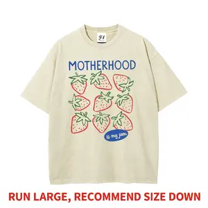 Motherhood Is My Jam Strawberry Pun Mom Life Graphic T-Shirt - Heavyweight Boxy Fit Pure Tee - Vintage Washed Oversized Cute DTG Print