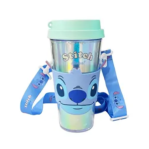 Disney Stitch Series 420ml Plastic Cup with Handle & Shoulder Strap – Cute & Convenient Bottles Drinkware Portable,Perfect for Travel,Home,Office