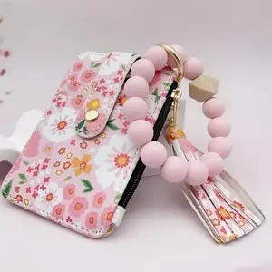 Women's Boho Beaded & Tassel Decorated Keychain with Flower Pattern Wallet, Girlfriend Gifts, Cute Trendy Keychain, Chic Gorgeous Keychain for Key & Bag, Bag Pendant